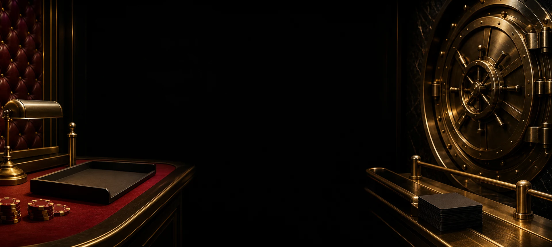 Burgundy casino verification desk and antique-gold payout vault